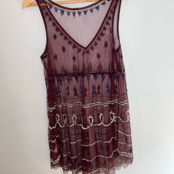 Free People Sheer Plum color sheet Verona Slip with sequins & beads size S! - Picture 3 of 5